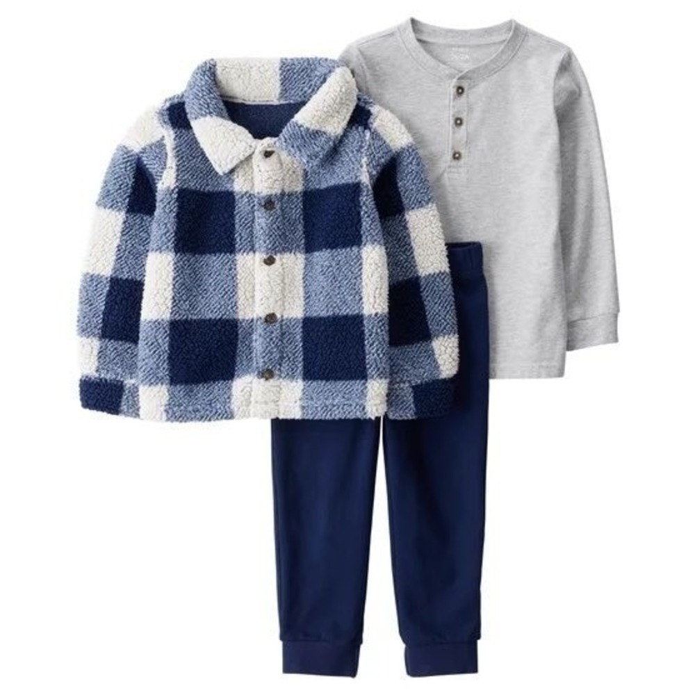 NWT Carters Toddler Boys 3-Piece Sherpa Shacket Henley Tee & Jogger Set Blue 2T